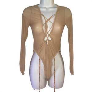 NWT Frederick's Lola Lee "Late" Lace Front Teddy‎ Bodysuit Tan Sz M $58